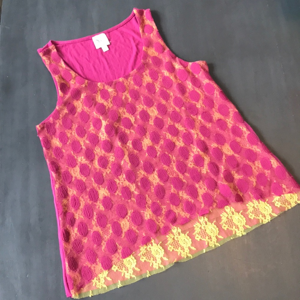 Weston Wear Pink Lace Overlay Tank with Yellow Trim